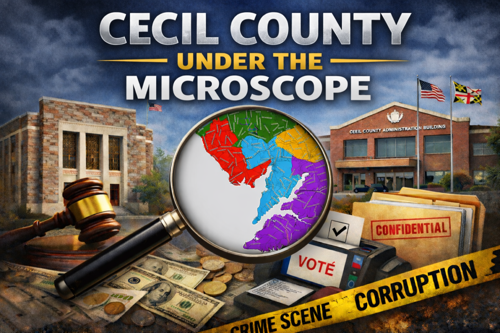 Investigative series masthead for Cecil County Under the Microscope — county map in magnifying glass, courthouse, and administration building